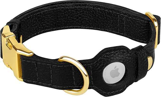 Leather Airtag Dog Collar - Soft Tracking Dog Collar with Apple AirTag Holder and Metal Buckle - Safety GPS Pet Collars for Small Medium Large Dogs Puppy Pink Red (Black, L, 17"-21" Neck Fit)