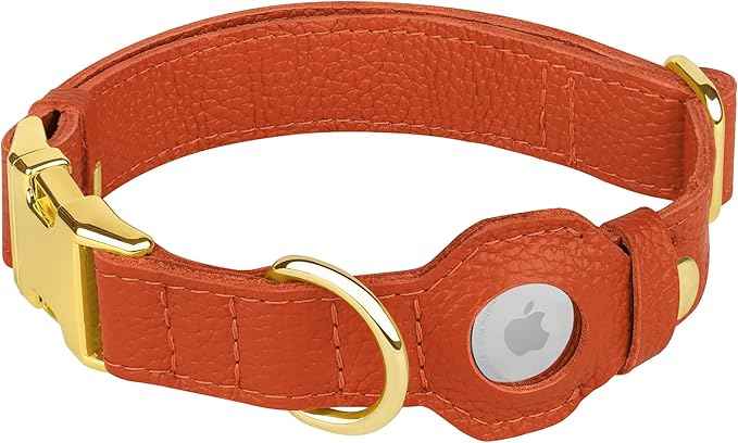 Leather Airtag Dog Collar - Soft Tracking Dog Collar with Apple AirTag Holder and Metal Buckle - Safety GPS Pet Collars for Small Medium Large Dogs Puppy Pink Red (Orange, M, 14"-18" Neck Fit)