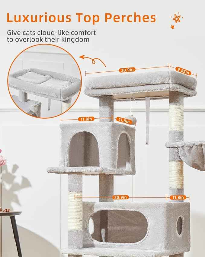 Taoqimiao Cat Tree,49-Inch Cat Tower for Indoor Cats,2 Luxurious cat condo with Adjustable Large Hanging Baskets and Large Luxurious Perch Light Gray MS029LW