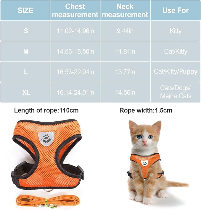 shudyear Summer cat Chest Harness and Leash, Anti-Escape Adjustable Soft mesh cat Leash and Chest Harness Set for All Types of Cats cat Vests (Size M, Orange)