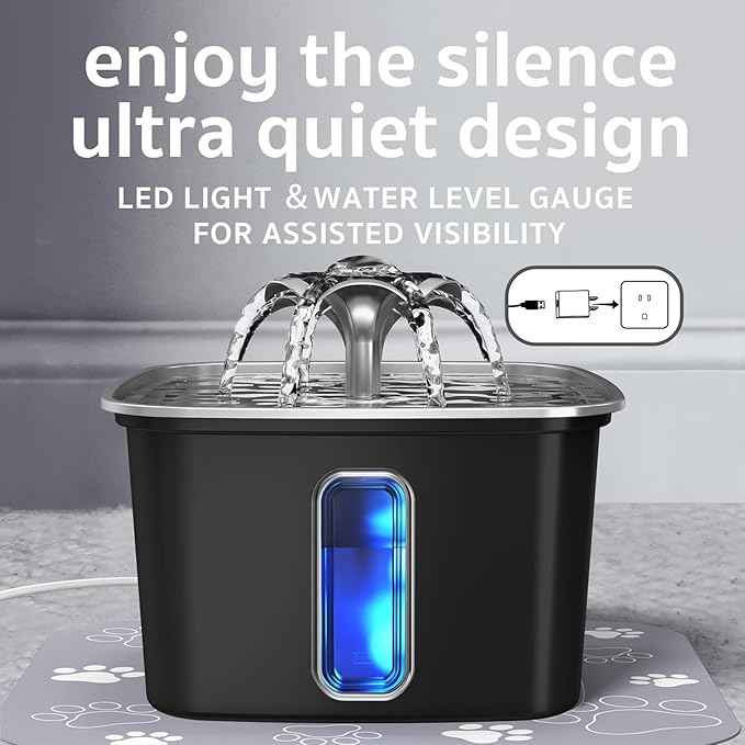 Veken Innovation Award Winner Stainless Steel Cat Water Fountain, 108oz/3.2L Automatic Pet Fountain Dog Water Dispenser with Replacement Filters & Silicone Mat for Cats, Dogs (Space Black)