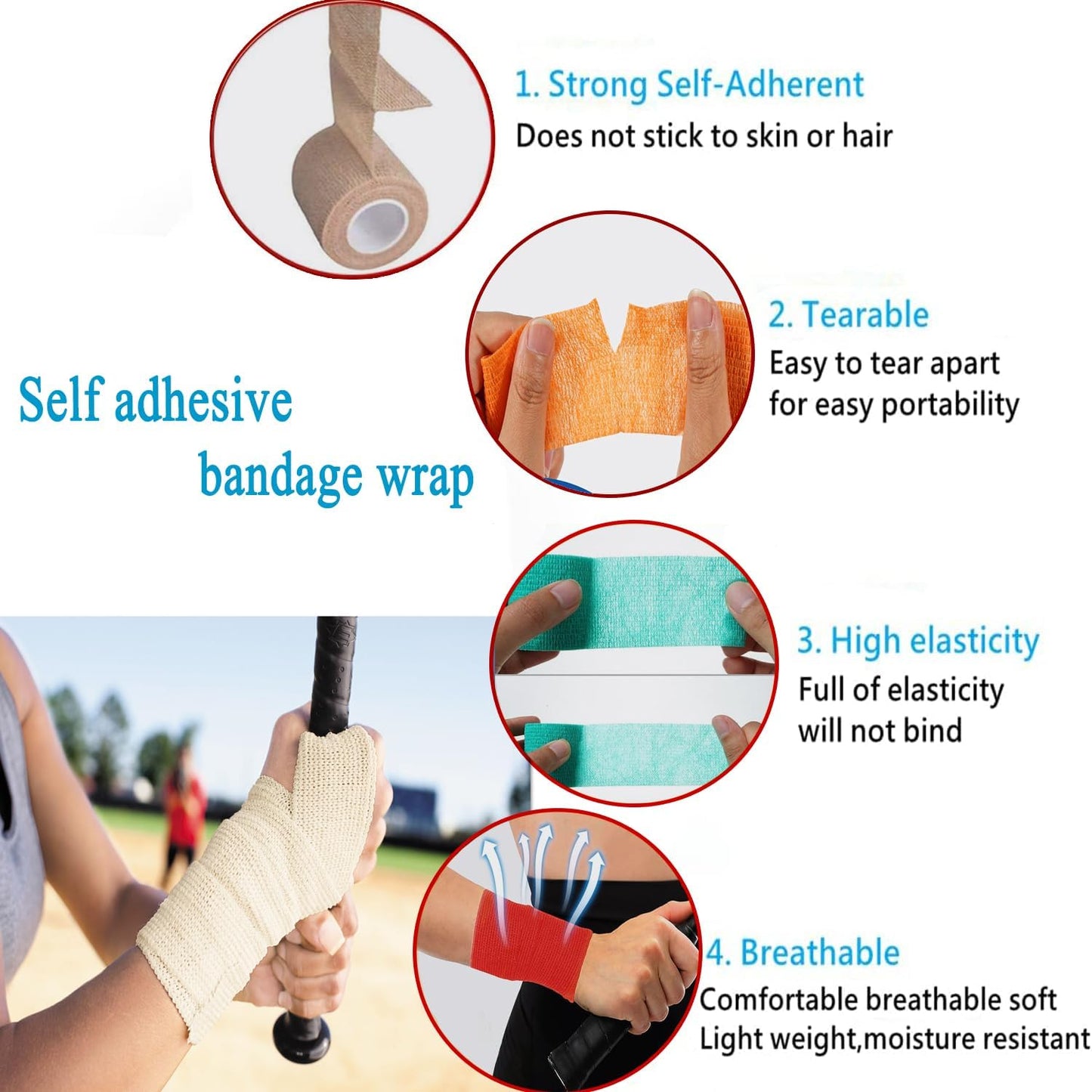 Self Adhesive Tape Wrap 15Rolls,Non-Woven Self Adherent Vet Wrap Tape,5CM x 4.5M Cohesive Bandage Tape for Wrist & Ankle,Elastic Grip Cover (Black-15ROLLS)