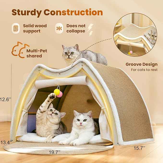 Cat Houses for Indoor Cats - 4 Seasons Cat Bed Cave with Natural Sisal Cat Scratcher Mat, Solid Wood Frame Cat House with Curtains and Cat Floor Scratching Pad Rug, Protect Couch and Carpets, M