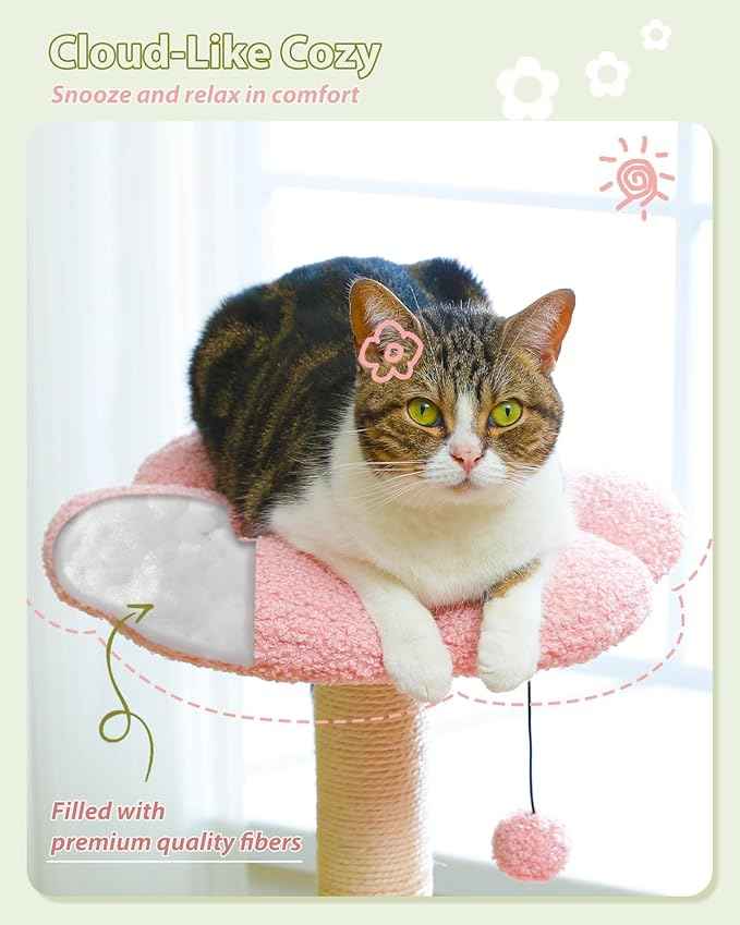 Flower Cat Tree with Large Metal Frame Hammock, 35" Cute Cat Tower with Sisal Scratching Posts for Small Indoor Cats, Cat Condo with Pink Top Perch for Kittens, Pink