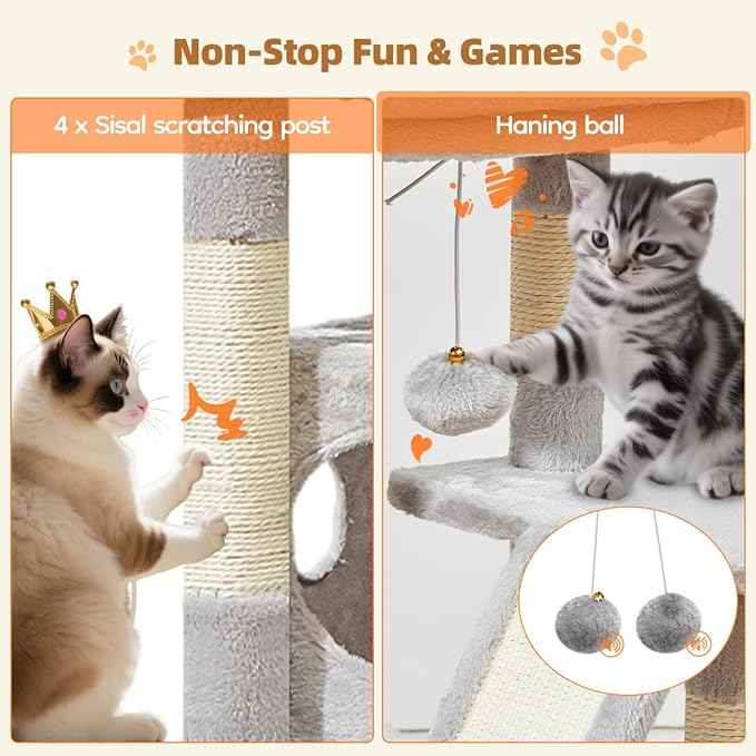 Taoqimiao Cat Tree,38.2-Inch Cat Tower for Indoor Cats,Suitable for Kittens with Luxurious cat condo with Adjustable Baskets and Luxurious Perch Light Gray MS029SW