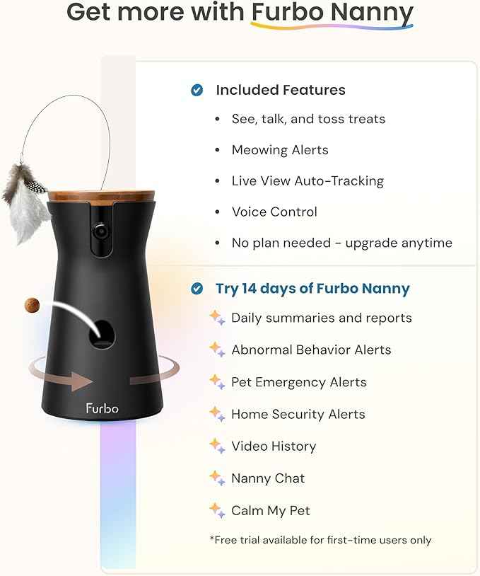 Furbo 360° Cat Camera: Pet Security Cam w/Meowing Alerts, Rotating View, Treat Toss w/Phone App, Smart Home Kitty Monitoring, 2-Way Speaker, No Subscription Needed. Standard See, Talk, & Toss Features