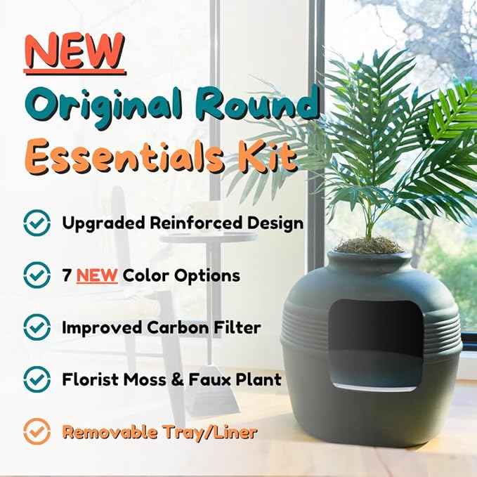 Good Pet Stuff Hidden Litter Box Planter, Decorative Cat Litter Enclosure with Carbon Filter, Artificial Plant, Easy Clean, Removable Liner, Round Style, Essentials Kit, Matte Black