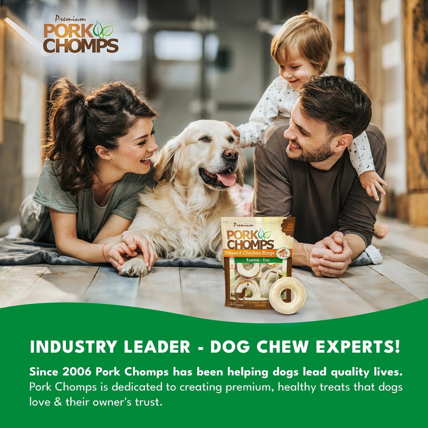 Pork Chomps Pressed Pork Skin Dog Chews, 2.5-inch Rings, Real Chicken, 8 Count