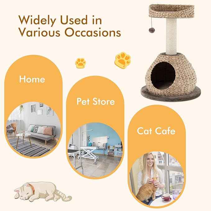 PETSITE Modern Cat Tree Tower, Paper Rope Natural Bowl Shaped with Perch, Scratching Post, Rattan Cat Activity Tree for Kittens, 28" Tall