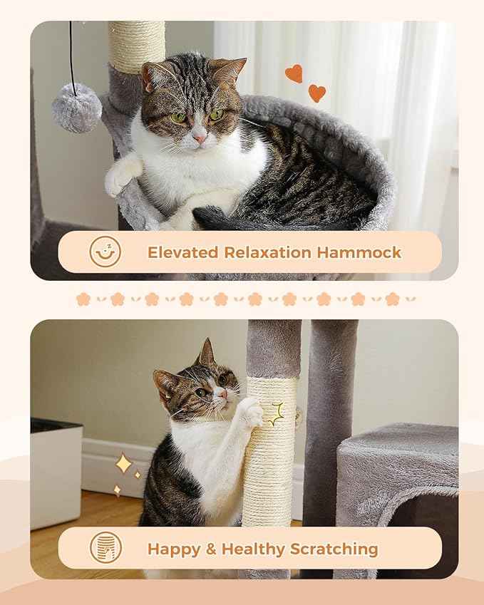 53-Inch Tall Cat Tree with 2 Condos for Indoor Cats,Cat Tower with Scratching Posts for Small Cats,Grey Cat Tree Tower with Hammock and Cat Toys