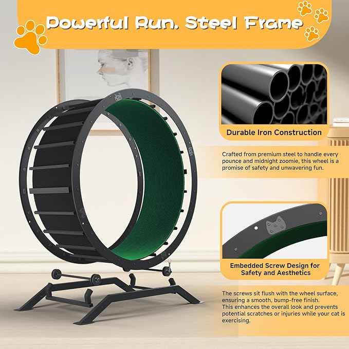 GTPLAYER Cat Wheels, Large Cat Exercise Wheel for Indoor Cats, 40"Diameter cat treadmill Detachable Carpet & Teaser, stickers, Ultra-quiet scroll wheel With latch, Suitable for Most Cats, Metal, Green