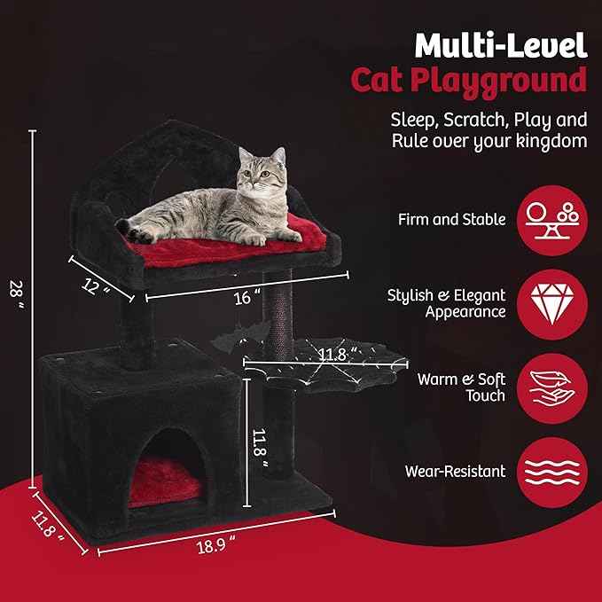 Gothic Cat Tree - 28in Black Cat Condo with Regal Throne Bed, Spooky Hanging Bat and Durable Sisal Scratching Post - Goth Cat Tree for Majestic Rest