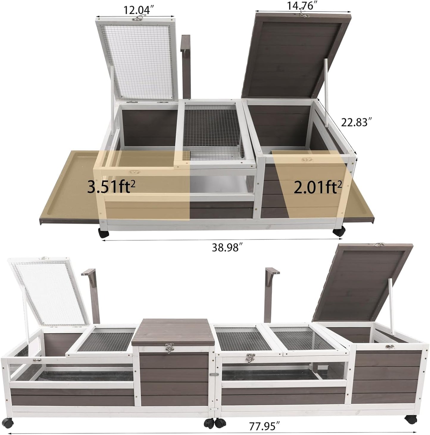 Tortoise Habitat Wooden Tortoise House, Indoor Turtle Enclosure Outdoor Reptile Cage with Removable Bottom, Light Support, Openable Roof (Double Habitat, Leakproof Tray) - FurryFun
