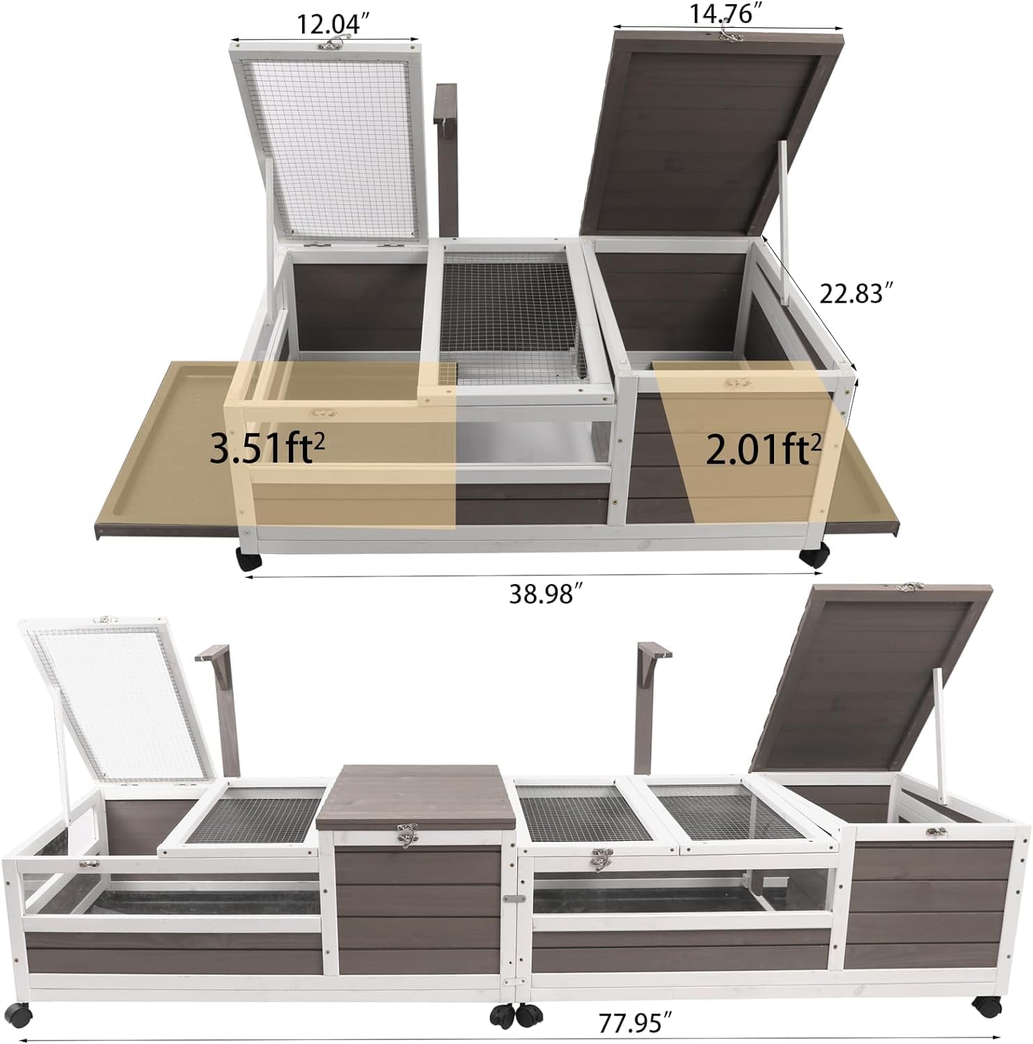 Tortoise Habitat Wooden Tortoise House, Indoor Turtle Enclosure Outdoor Reptile Cage with Removable Bottom, Light Support, Openable Roof (Double Habitat, Leakproof Tray) - FurryFun