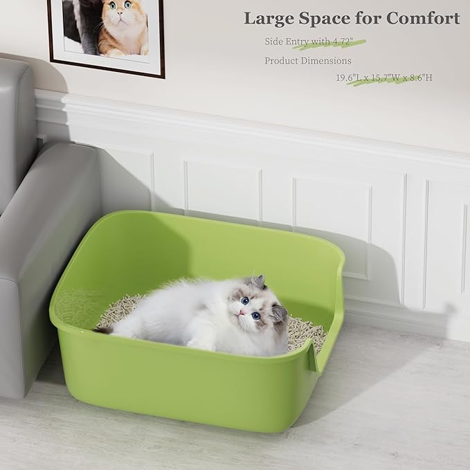Vealind Large Cat Litter Box High Sided Entry Cat Litter Pan 50 x 40 x 22 CM, Anti-Splashing Deep Tall Cat Boxes for Indoor Cats Basics Kitty Litter Box (Green)