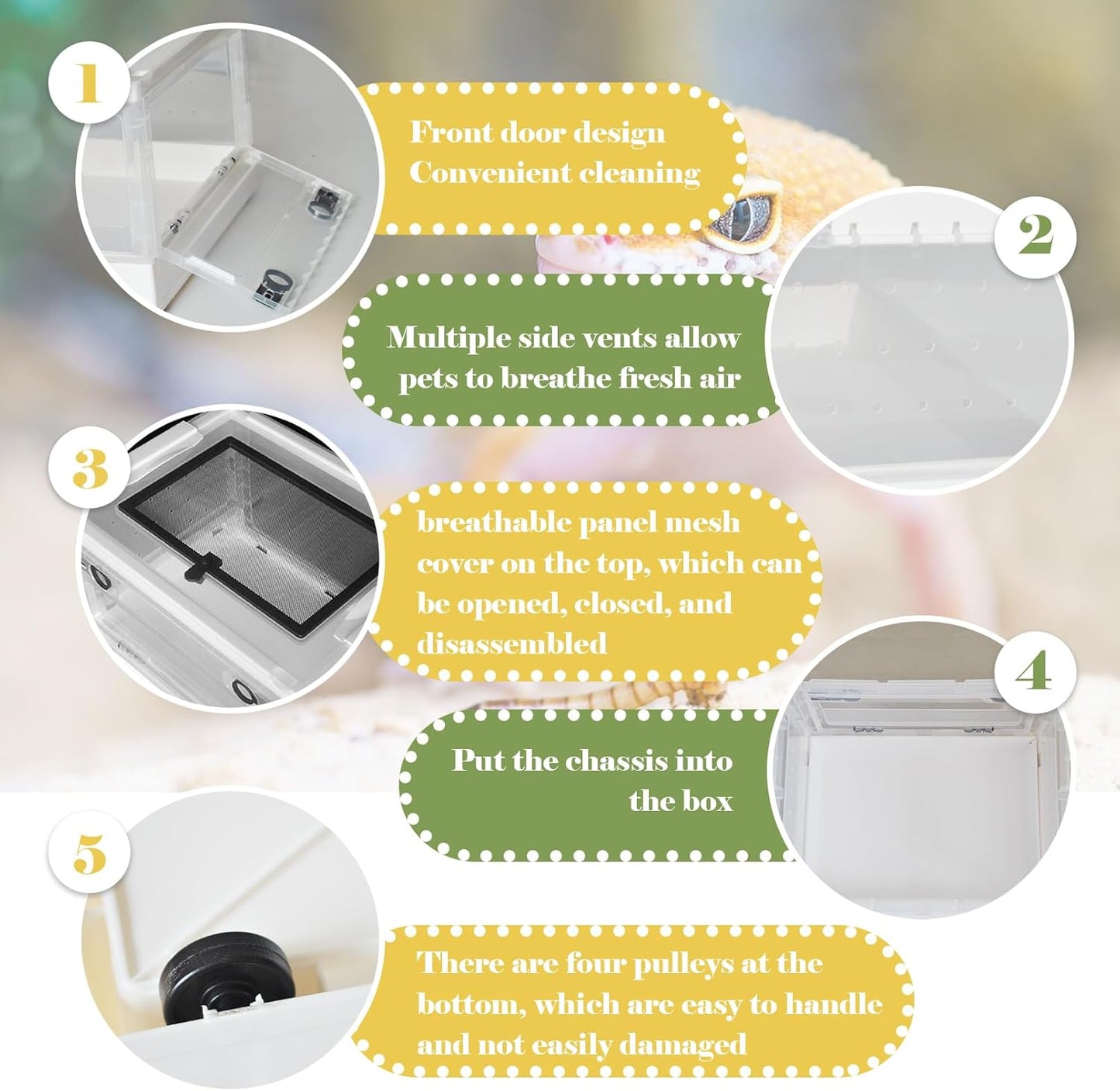 PINVNBY Plastic Reptile Feeding Box with Wheels,Reptiles Breeding Enclosure Cages Transparent Amphibians Habitat Terrarium Tank Portable Transport Container for Lizard,Bearded Dragon(White) - FurryFun