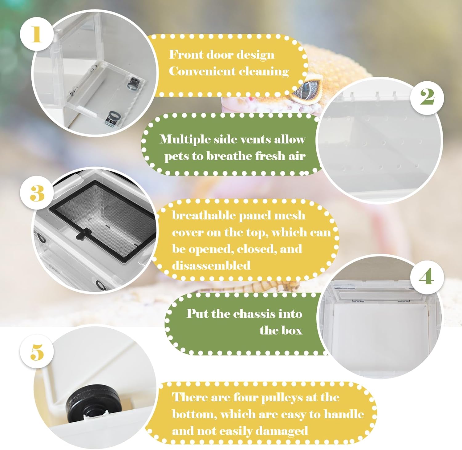 PINVNBY Plastic Reptile Feeding Box with Wheels,Reptiles Breeding Enclosure Cages Transparent Amphibians Habitat Terrarium Tank Portable Transport Container for Lizard,Bearded Dragon(White) - FurryFun