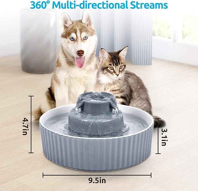 2.1L Ceramic Cat Water Fountain-for Cats and Dogs, 360 Ceramic Pet Fountain-70 Oz Large Water Capacity - Whisper-Quiet Water Flow-Great for Shy or Timid Pets - Fresh, Filtered Water (Grey)