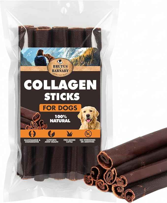 BRUTUS & BARNABY Beef Collagen Sticks for Dogs-Great Long Lasting Chew for All Dog Breeds-Odor Free, With Naturally Occurring Glucosamine & Chondroitin for Joint Health-Great for Any Dog Size(5 Count)