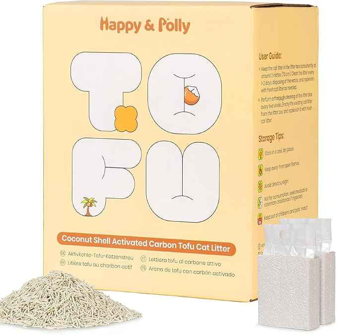 Happy & Polly Tofu Cat Litter – Fast Clumping, Flushable, Ultra Absorbent, Low Tracking, 100% Natural Raw Materials with Coconut Charcoal – 11 LB(5.5LB*2 Bags)