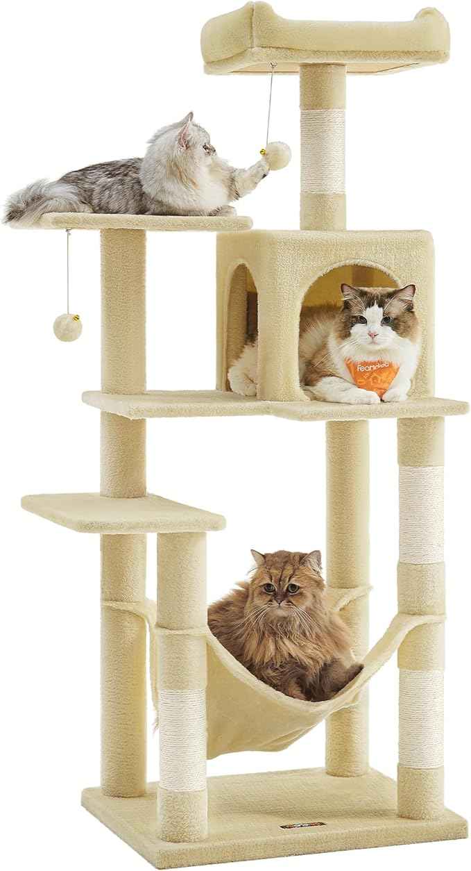 Feandrea Cat Tree, 55.1-Inch Cat Tower, Plush Multi-Level Condo with 4 Scratching Posts, 2 Perches, Hammock, Cave, Beige UPCT161M01