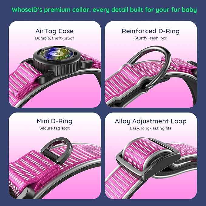 WhoseID Premium AirTag Dog Collar - Air Tag Small Dog Collar | Fur-Safe Magnetic Buckle | IPX8 Waterproof Reflective Dog Collar with AirTag Holder