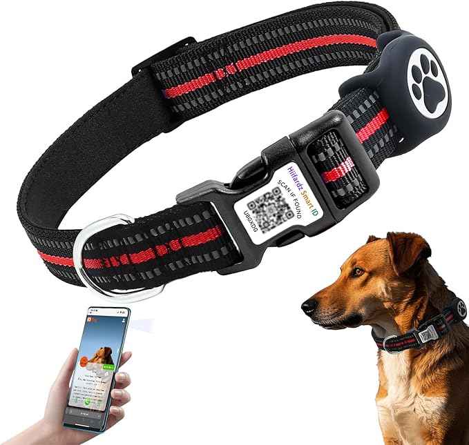 Airtag Dog Collar with QR Code Tag - Reflective Adjustable Nylon Collar, Quick Release Buckle for Small Medium Large Dogs, Comfortable Padded Lining (Red, S)