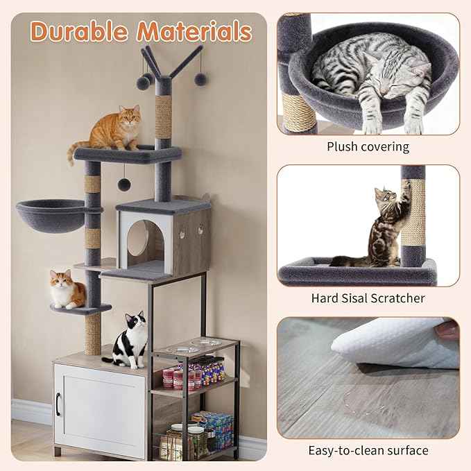 HavenlyYouth Cat Tree with Food Station and Litter Box Enclosure, Multi-Level Cat Tree Tower with Sisal Scratch Posts for Playtime, Plush Hammock in Gray for Cozy