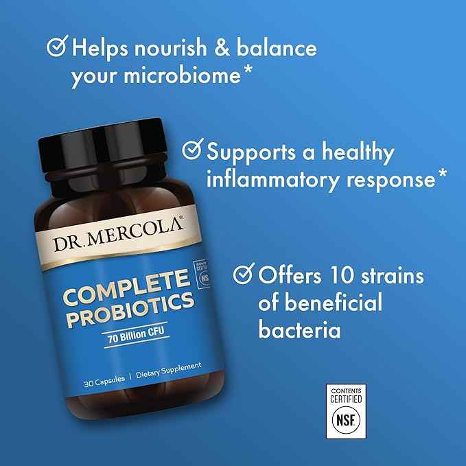 Dr. Mercola Complete Probiotics - 70 Billion CFU - Supports Immune, Digestive & Gut Health - Features 10 Strains - Shelf Stable - GMO-Free, Gluten-Free & Soy-Free - 30 Capsules (30 Servings)