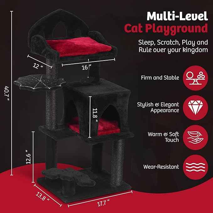 Gothic Cat Tree - 40" Goth Cat Bed, Spacious Condo, Spooky Hanging Bat, Durable Sisal Scratching Post - Elegant Black Cat Tree for Majestic Felines