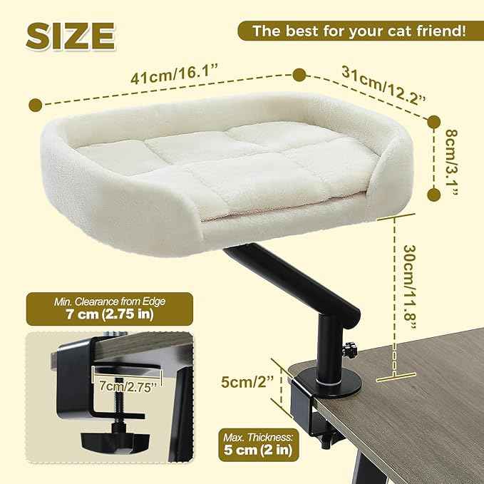 PAWZ Road Cat Desk Bed for Indoor Cats, Cat Bed for Desk Supports Up to 50 lbs, 360° Rotation & Adjustable, Nest Desktop Attachment Cats Hammock for Table, White