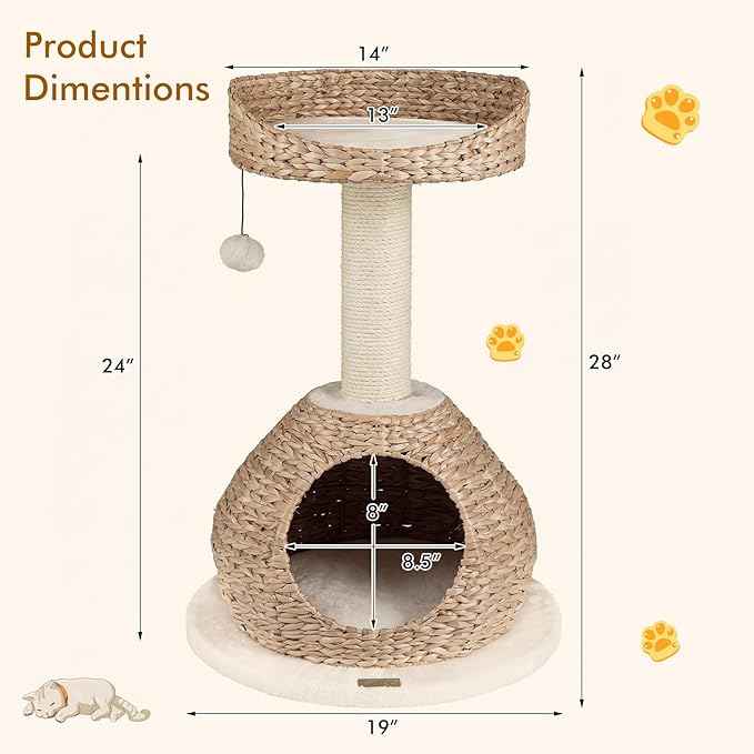 PETSITE 28-inch Modern Cat Tree, Small Cute Cat Tower Sisal Scratching Post, Hand-Made Wicker Condo and Top Perch, Interative Dangling Ball, Ideal for Indoor Cats