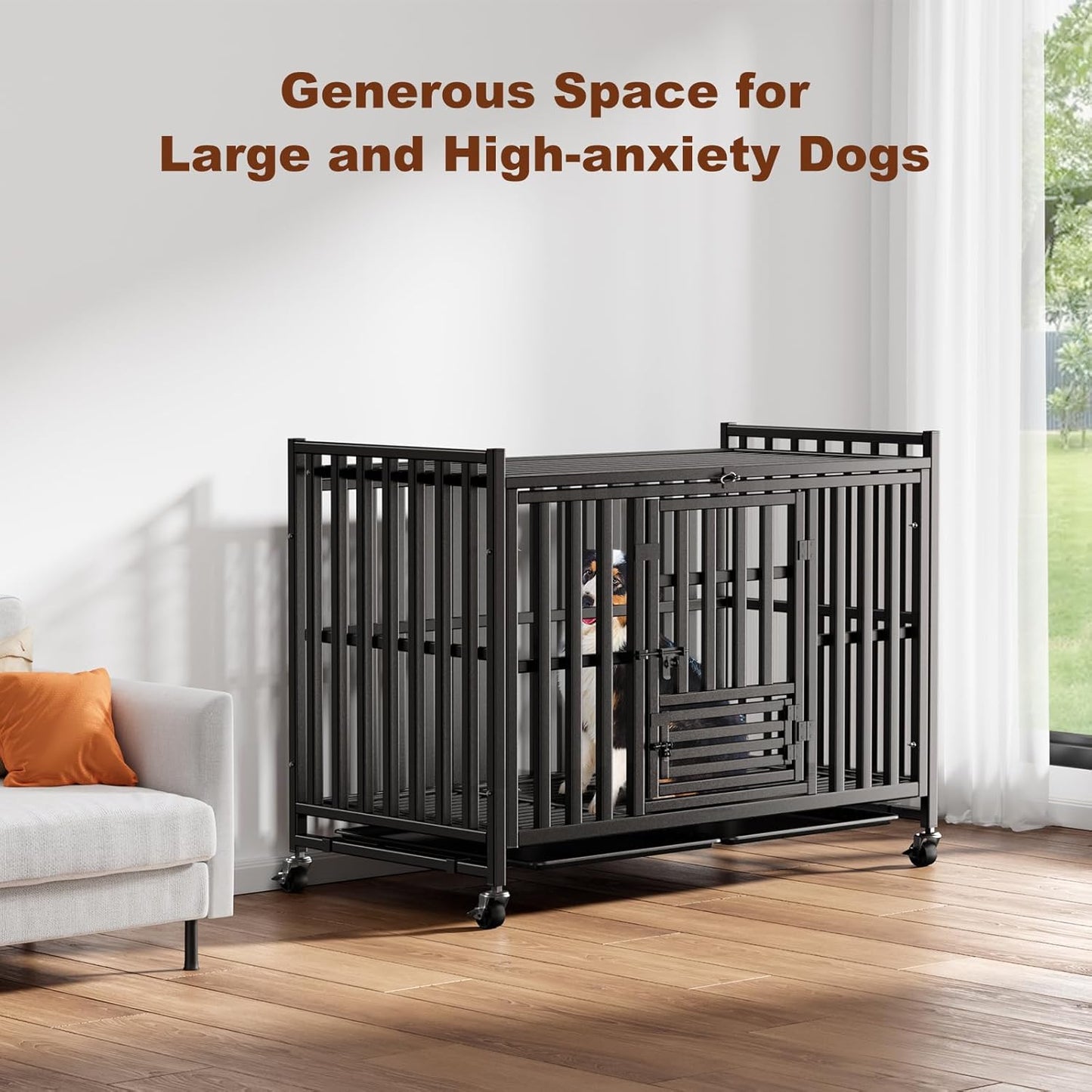 Upgraded 43.8 inch Heavy Duty Dog Crate, Reinforced Thickened Steel Frame Indestructible Kennel for Large & High Anxiety Dogs, Escape Proof Design with 3 Doors, 4 Lockable Wheels and 2 Removable Trays