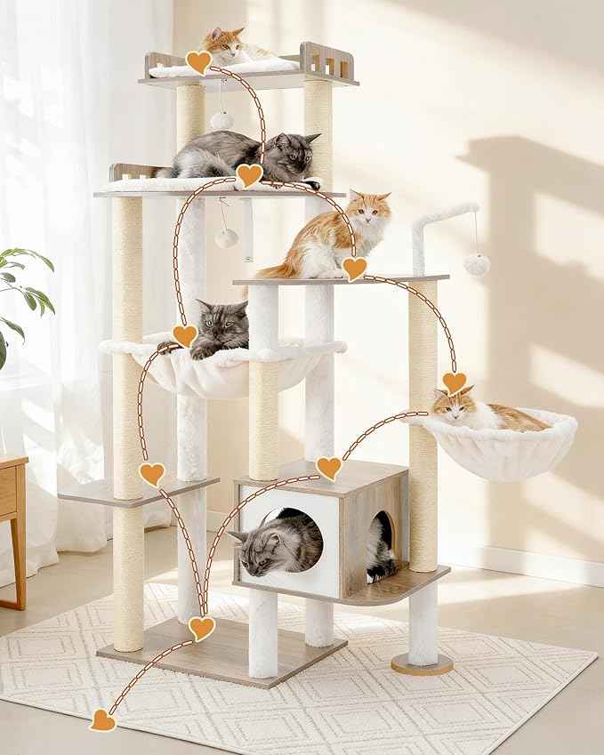 Heybly Cat Tree, 70.5 Inch Wood Tall Cat Tower for Large Indoor Cats with Extra Stable Structure, Modern Cat Furniture with All-Sisal Scratching Posts, Cat Condo & Hammocks, Greige HCT121SG