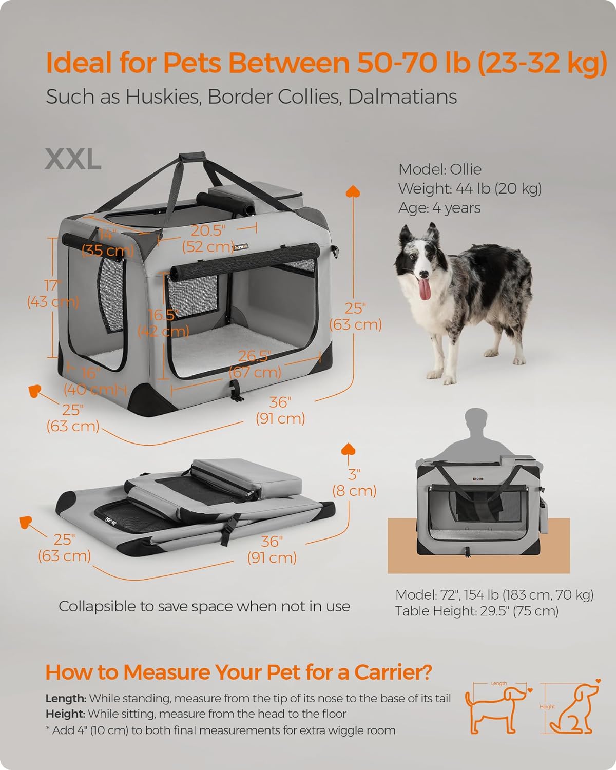 Feandrea 36 Inches Collapsible Soft Dog Crate, Portable Travel Dog Crate for Indoor and Outdoor Use, Dog Carrier Kennel with Safety Zippers, for Living Room, Car, Travelling, Smoke Gray UPDC090G02