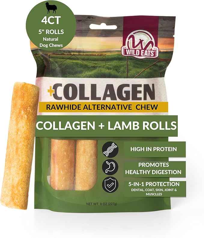Wild Eats Lamb Flavor Collagen Retriever Style Cheek Rolls 5" Dog Chews-4 Pack (Long Lasting Dog Chews Treats & Bones for Medium Dogs) Substitute for Pig Ears for Dogs