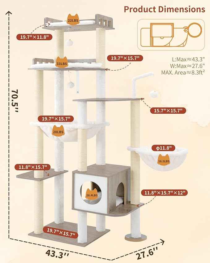 Heybly Cat Tree, 70.5 Inch Wood Tall Cat Tower for Large Indoor Cats with Extra Stable Structure, Modern Cat Furniture with All-Sisal Scratching Posts, Cat Condo & Hammocks, Greige HCT121SG