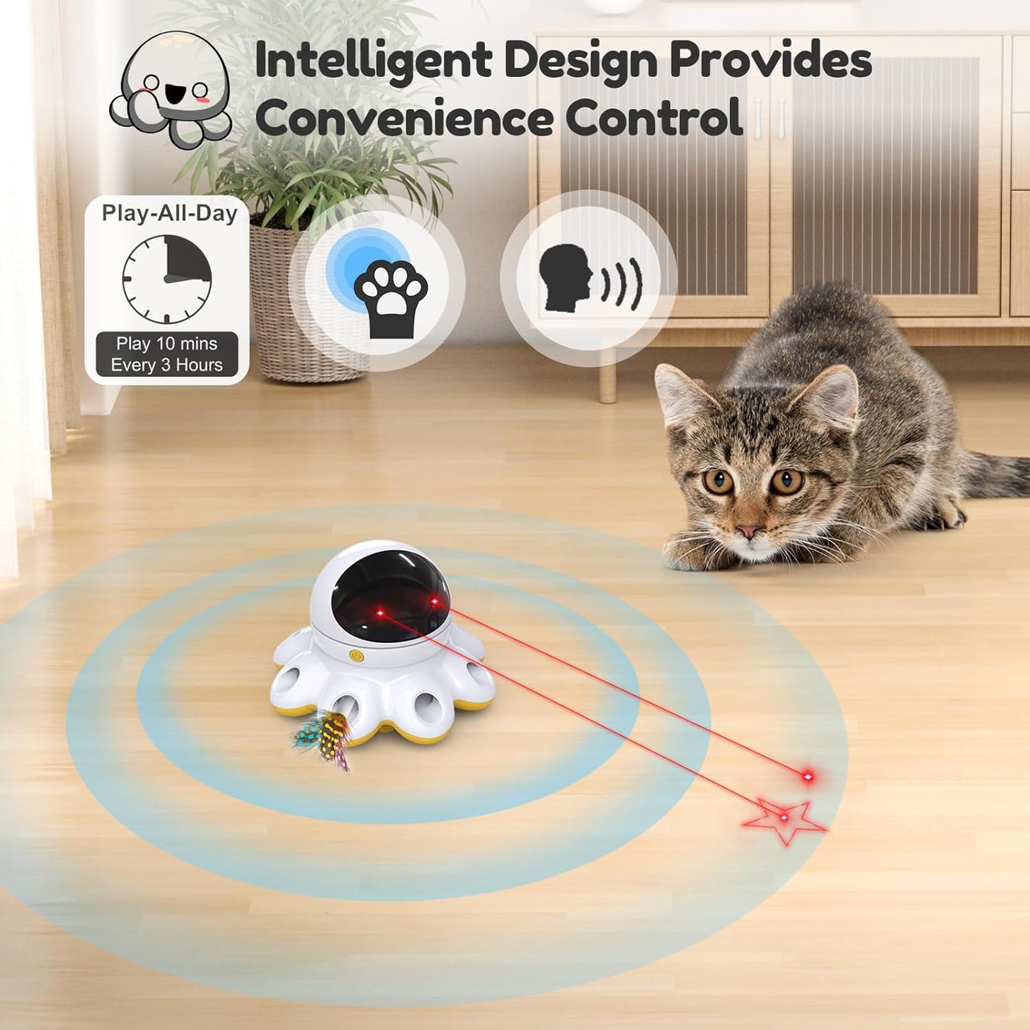 ORSDA Cat Laser Toy, 2-in-1 Interactive Automatic Motion Activated Moving 8 Holes Whack A Mole Feather, USB Rechargeable Electronic Smart Sensor Kitten Toys for Indoor Exercise