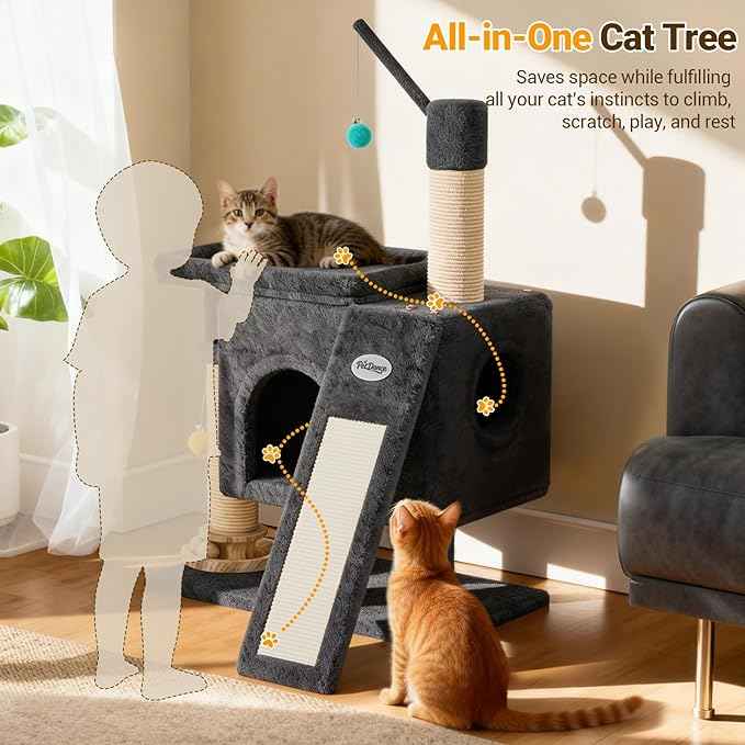 PetDance 37in All-in-1 Small Cat Tree for Indoor Cats | Space-Saving Cat Tower with Cozy Condo, Cat Window Perch, Sisal Scratching Posts, Interactive Ball Track Toy & Self-Grooming Brush,Dark Gray