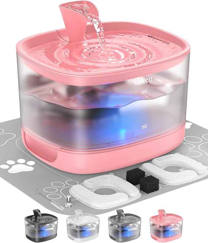 Veken Cat Water Fountain with Detachable Tank, Easy to Clean & Assemble, 84oz/2.5L Automatic Pet Drinking Dispenser with Quiet Operation & LED Light for Cats, Dogs and Small Pets, Red