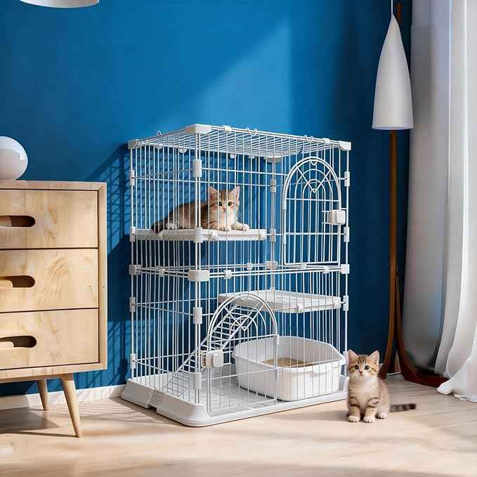 Cat Cage 2-Tier Indoor Cat Enclosure with Widen Bottom Buckle & Reinforced Locking Clamps DlY Cat Playpen for 1-2 Cats & Small Pets,30" Lx 20" W X 35" H (White, Two-Tier35)