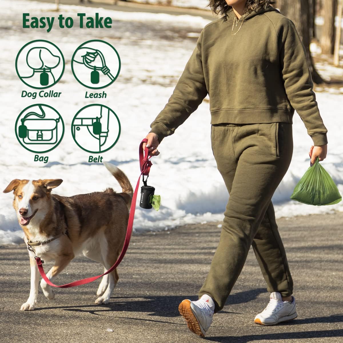 Dog Poop Bag Holder for Leash Doggie Waste Bag Dispenser Soft Fabric Puppy Potty Carrier Small Doggy Zipper Pouch with Carabiner Clip with 1 Roll of Pet Trash Bags, Black