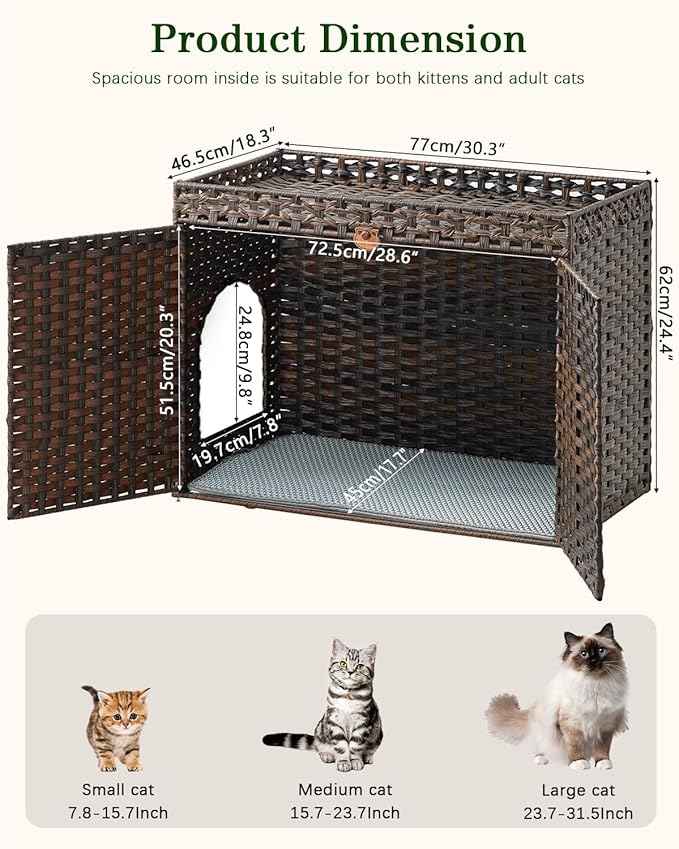 Cat Litter Box Enclosure Furniture, Handwoven Rattan Hidden Litter Box with Mat, Large Space Cat House with 2 S-Shaped Hooks, 30.3 x 18.3 x 24.4 Inches, Indoor for Living Room Apartment Brown