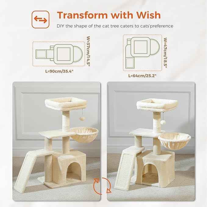 PETEPELA Small Cat Tree for Indoor Cats, 32'' Cute Cat Tower Cat Condo with Sisal Scratching Ramp, Cozy Hammock and Removable Top Bed Perch for Kittens, Beige