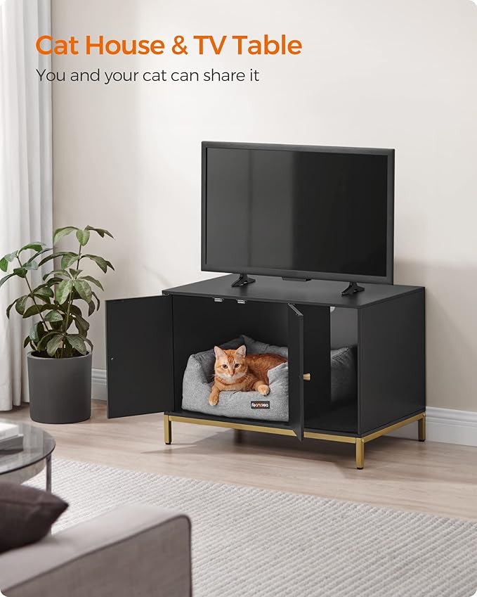Feandrea Cat Litter Box Enclosure, Hidden Litter Box Furniture with Scratch Pad, Front Entry, Double Cabinet Doors, Modern Style, 31.5" Cat House Washroom Side End Table, Black and Gold