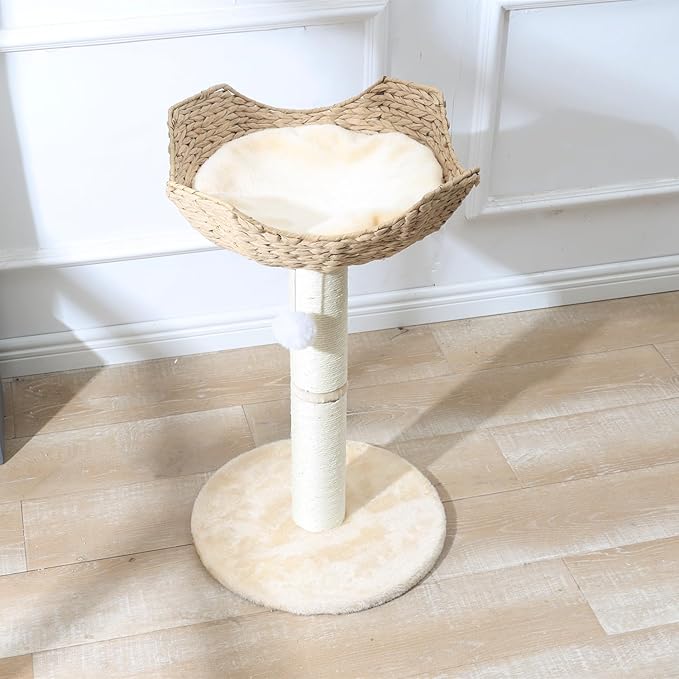 SHENGOCASE Small Cat Tree Tower with Large 17.7" Rattan Wicker Basket, Handwoven Nest Basket Bed, Window Perch for Large Cats up to 25LBS