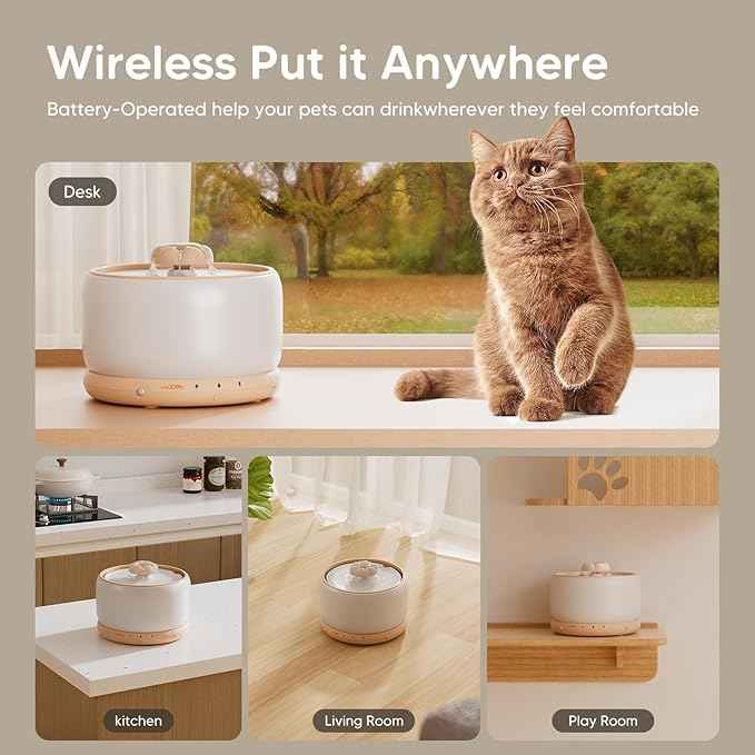 WOPET Wireless Cat Water Fountain, Cordless Ceramic Pet Water Fountain with 5000mAh Rechargeable Battery, 3L/101oz Premium Cat Water Dispenser for Cats & Small Dogs,Ultra Quiet & Triple Filtration