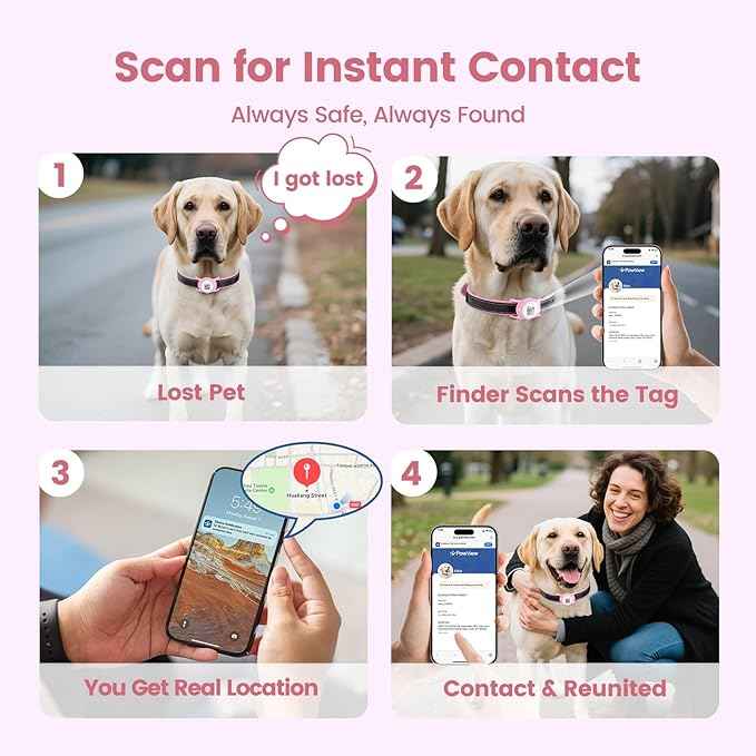 Smart Pet Tracker for Collar - Dog Trackers Location for Pet with Holder, No Monthly Fee, Real-Time Tracking, iOS Only, IPX6 Waterproof, Long-Lasting, Anti-Lost Tracker for Cats, Bag Straps,Pink