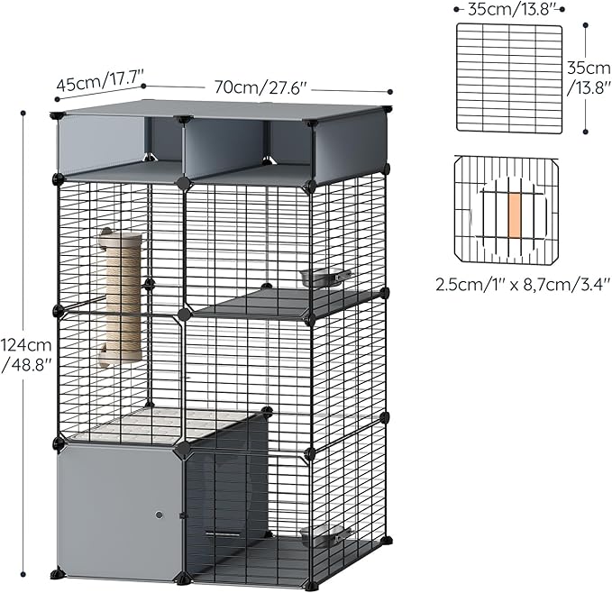 HOOBRO Cat Cage with Litter Box, 3 Tier Indoor Cat Enclosure Playpen with Storage, Food Bowls and Scratching Post, Detachable Metal Wire Kennel Crate, 27.6" L x 17.7" W x 48.8" H, Black and Grey