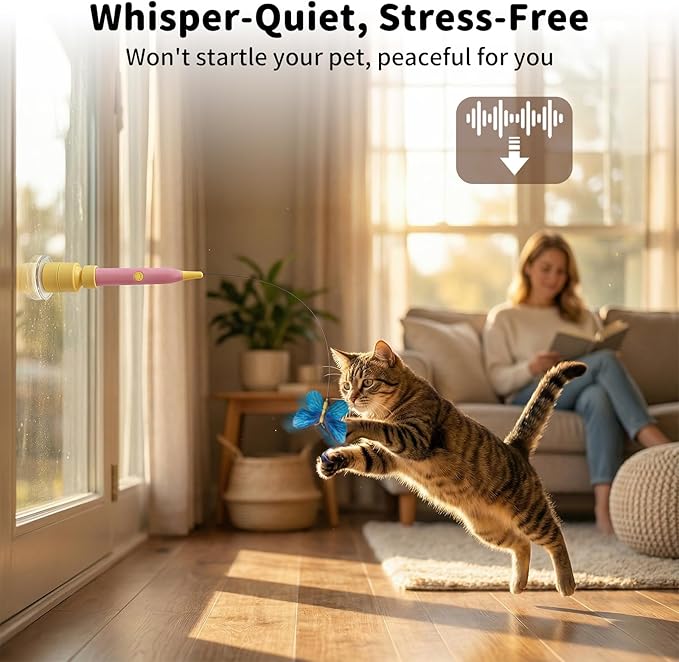 Interactive Cat Toys for Indoor Cats, Automatic Cat Wand Toy Enrichment for Bored Kitten, Spin Butterfly with Self-Holding Suction Base, Rechargeable Electric Moving Feather Stimulating Toy